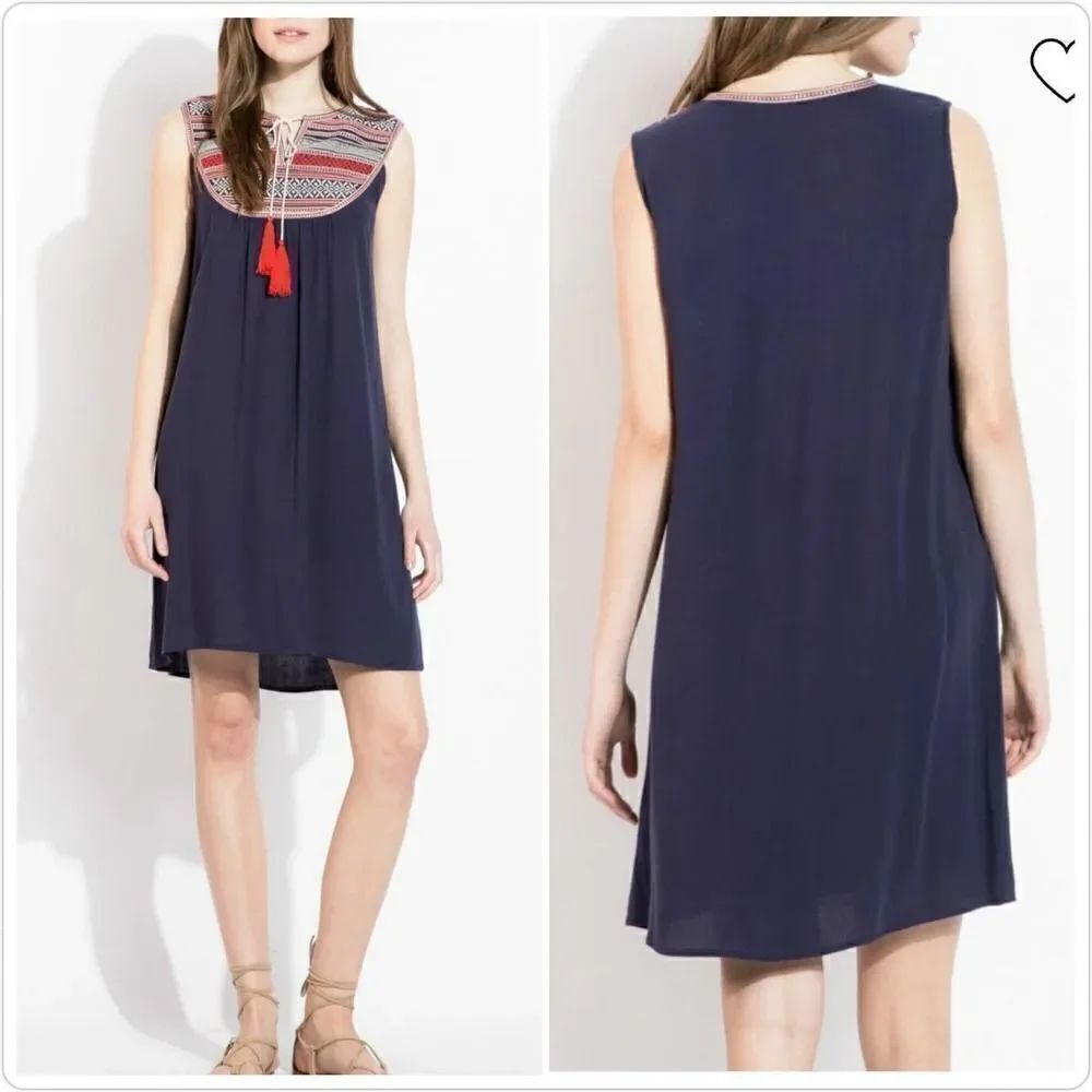 THML navy embroidered tassel sleeveless shift dress sz S